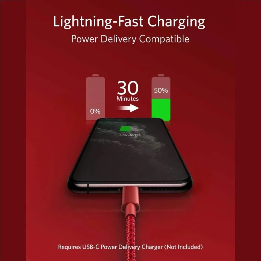 Anker 331 USB-C to Lightning Nylon Cable 6ft (Red), MFi Certified, Fast / NIB